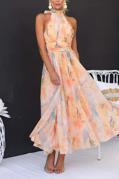Sari™ - Long Halter Dress with Watercolour Pattern
