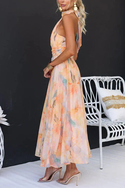 Sari™ - Long Halter Dress with Watercolour Pattern