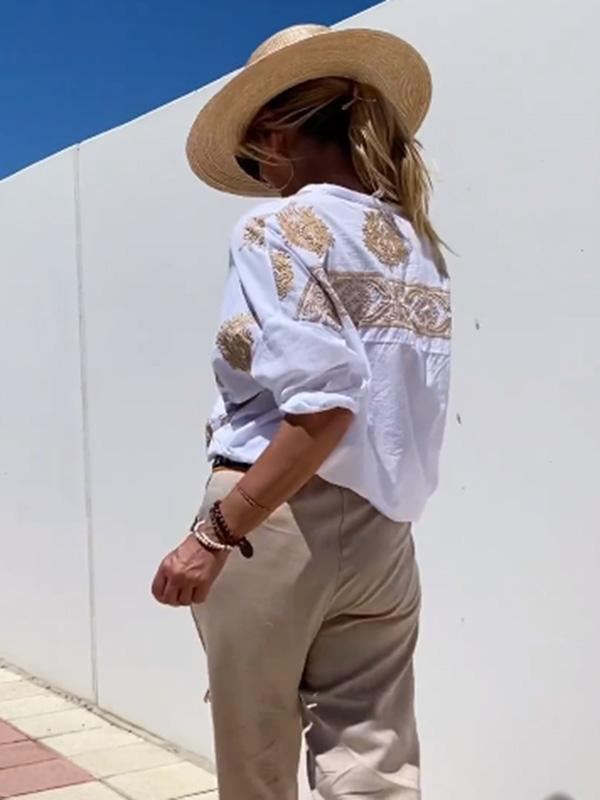 Greta™ | Embroidered Button-Up Top